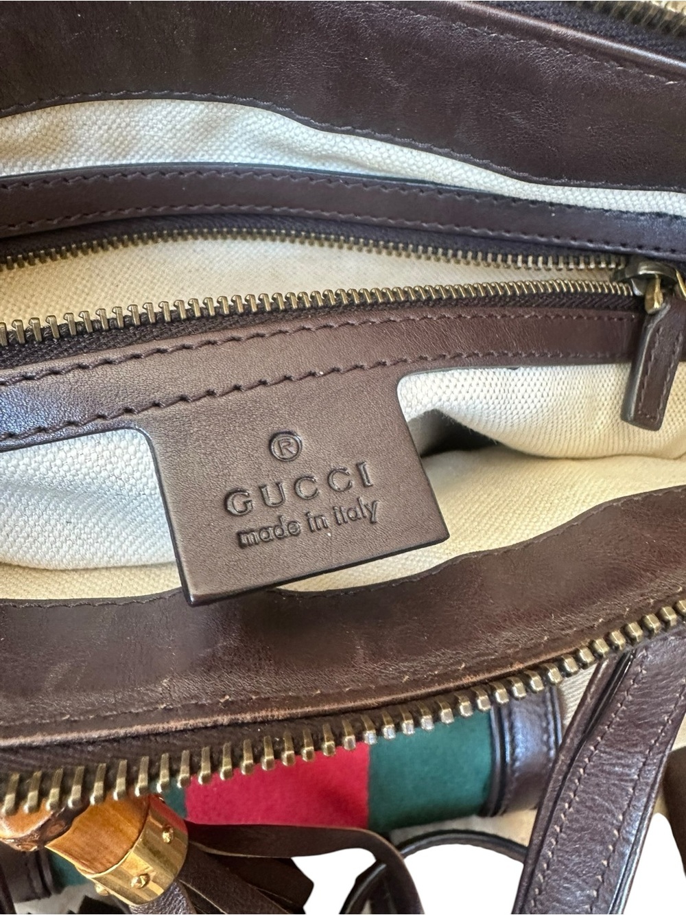Gucci Brown Canvas & Leather Tote with Green and Red Stripe - Picture 9 of 10